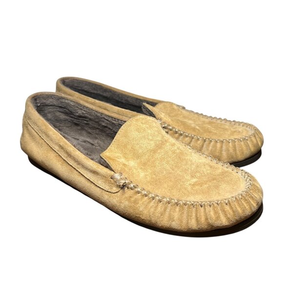 Lands' End Suede Shearling Moccasins Preppy Warm Cozy Classic Loafers Slip On 10 - Picture 1 of 10